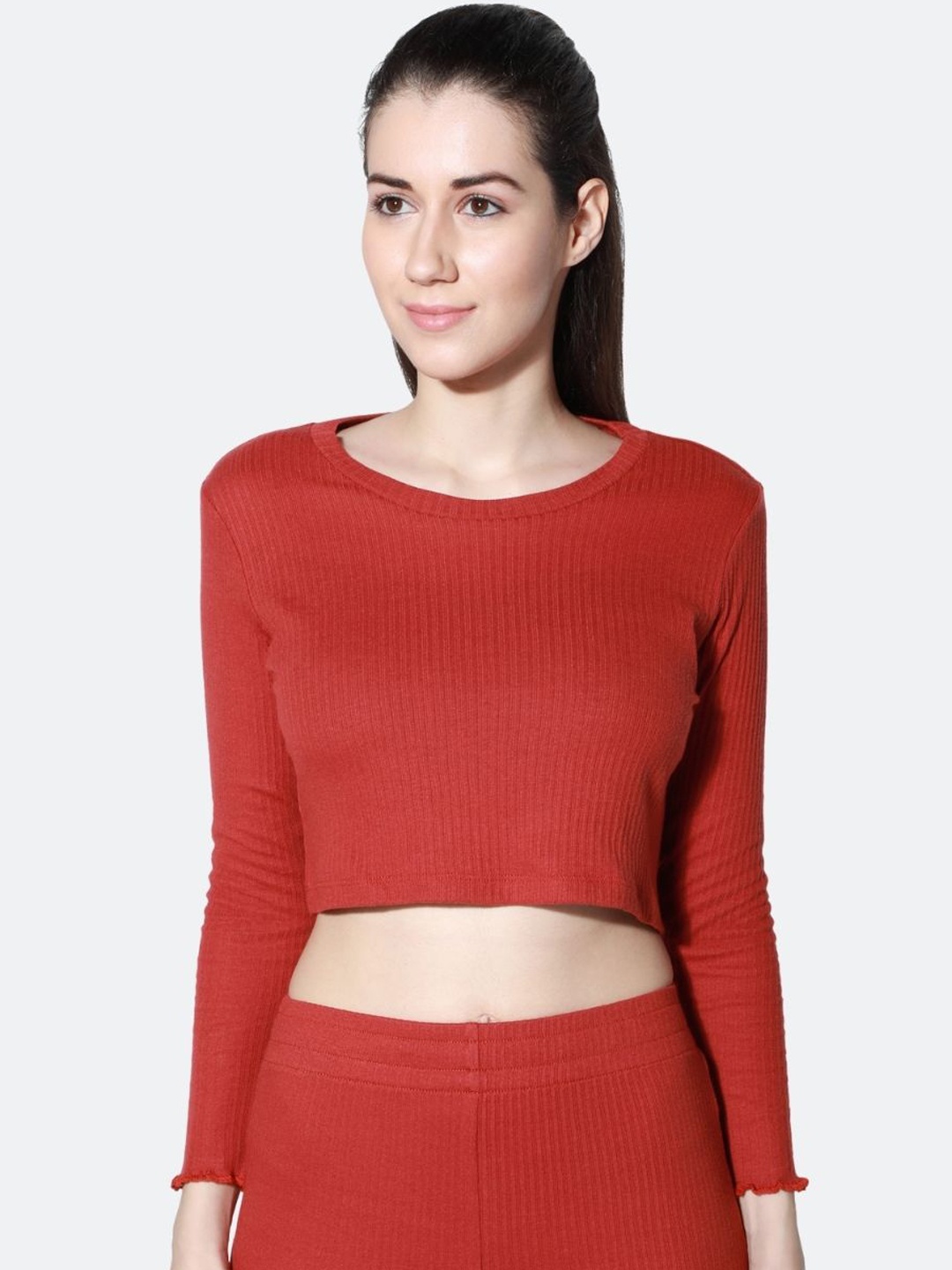 

Silvertraq Women Rust Solid Cotton Crop Lounge Top