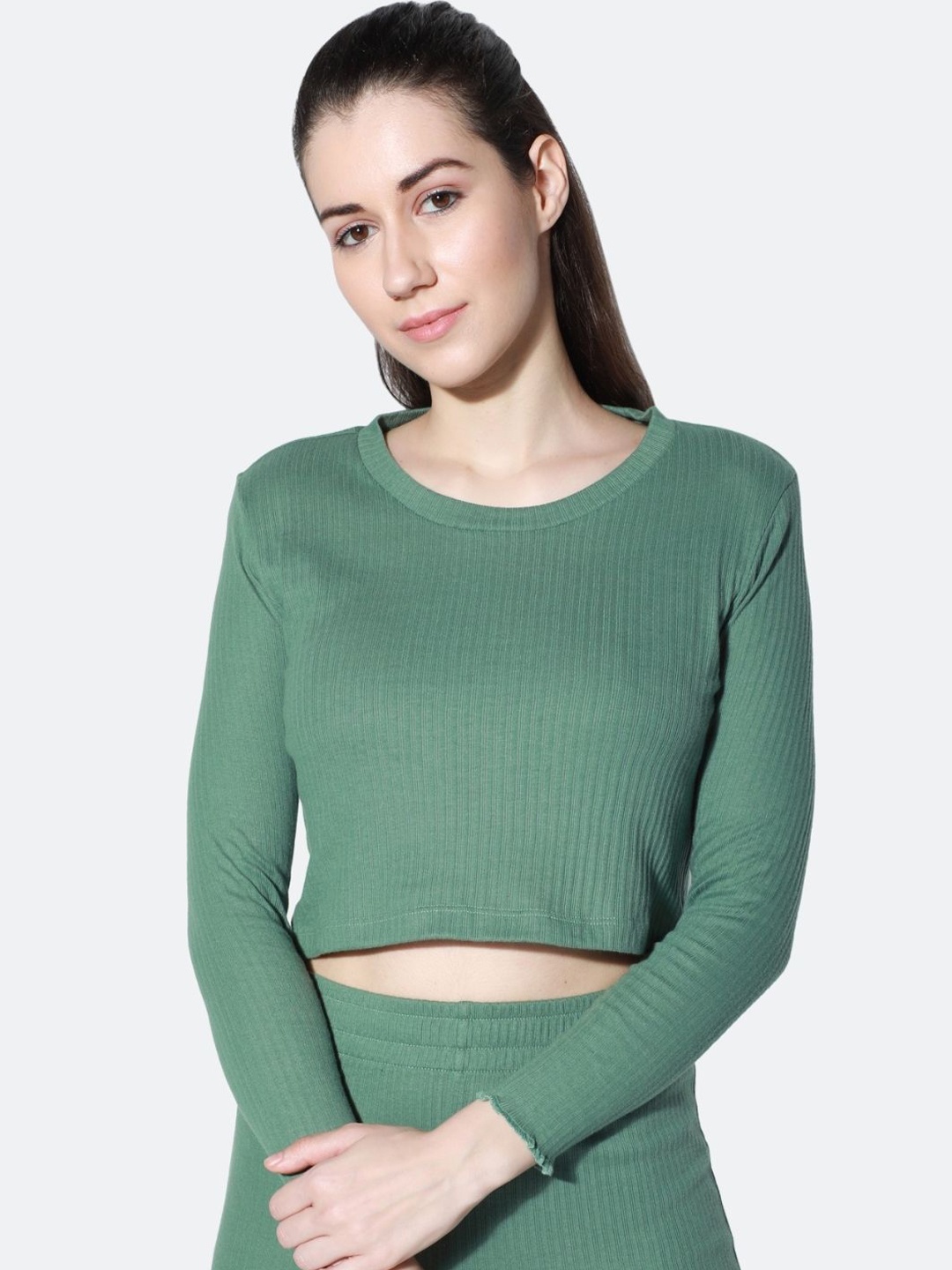 

Silvertraq Women Green Ribbed Round Neck Cropped Lounge Tshirt