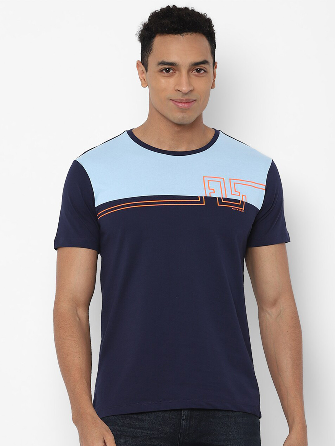 

Allen Solly Men Navy Blue & Orange Brand Logo Printed Pure Cotton T-shirt