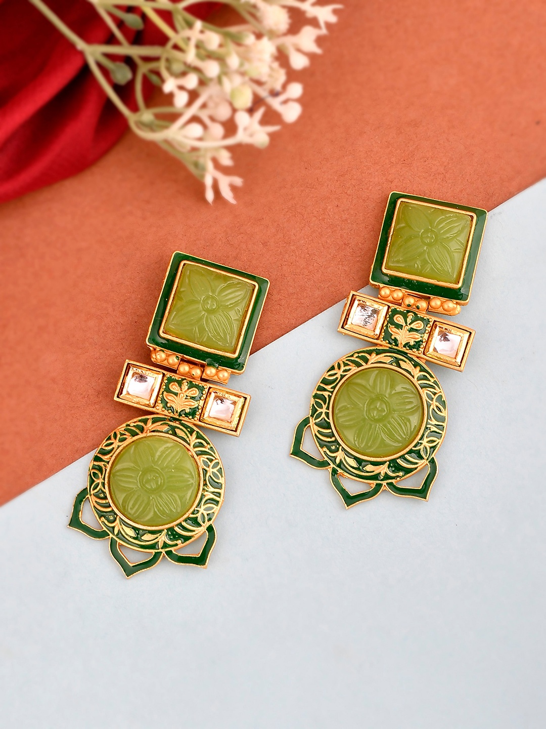 

Silvermerc Designs Gold Plated & Green Kundan Studded Contemporary Drop Earrings