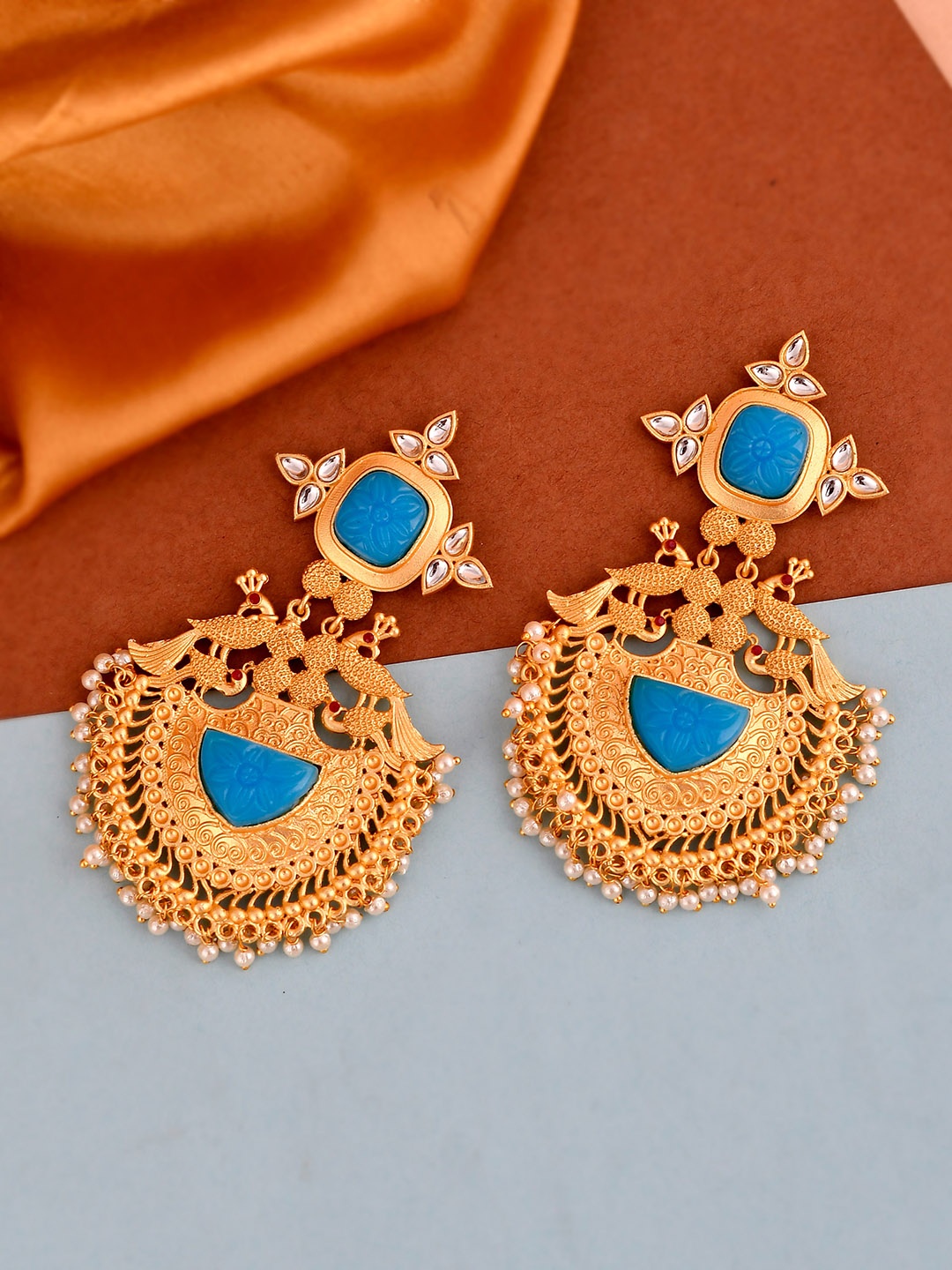 

Silvermerc Designs Women Gold-Plated & Blue Contemporary Chandbalis Earring