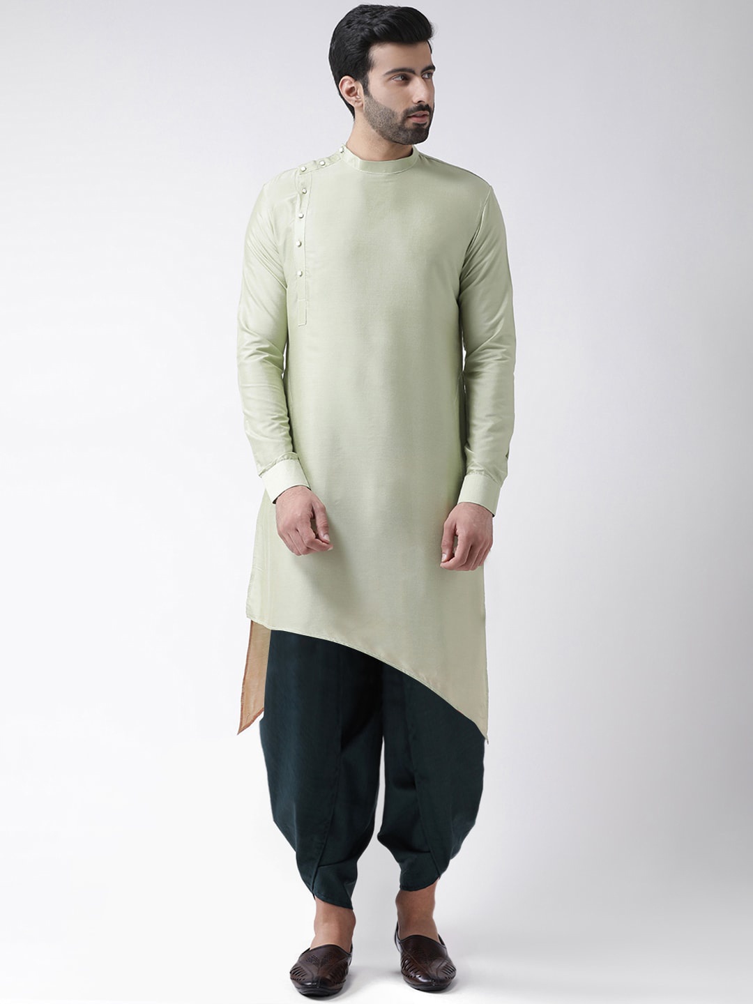 

KISAH Men Regular Fit Solid Asymmetric Kurta Dhoti Set, Green