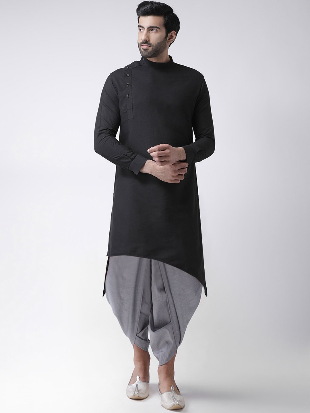 

KISAH Men Regular Fit Solid Asymmetric Kurta Dhoti Set, Black