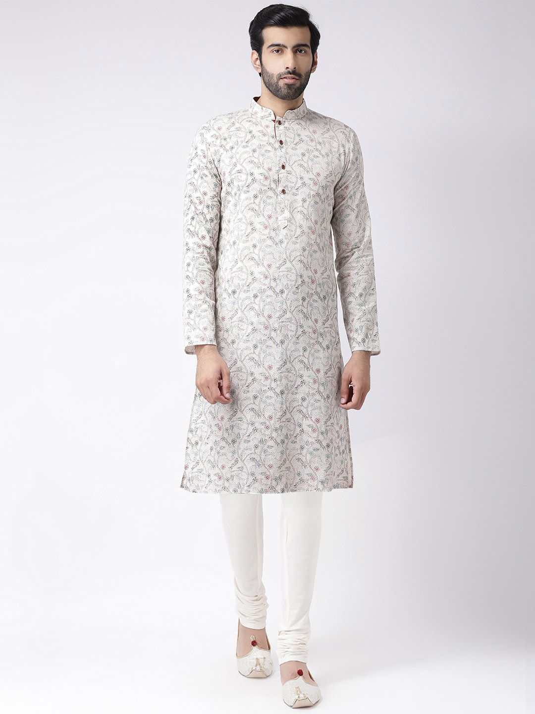 

KISAH Men Printed Regular Fit Kantha Print Kurta Churidar Set, White