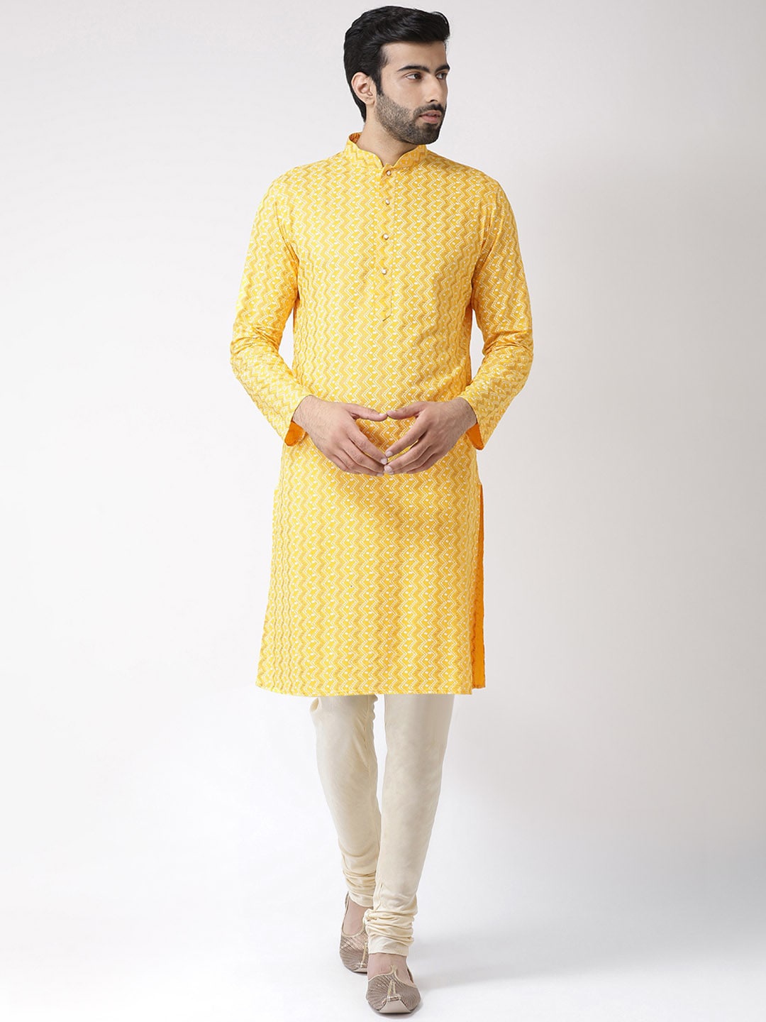 

KISAH Men Yellow & Cream Printed Cotton Blend Kurta with Churidar