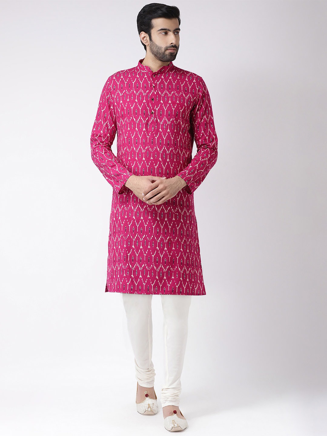 

KISAH Men Pink & White Geometric Printed Kurta with Churidar