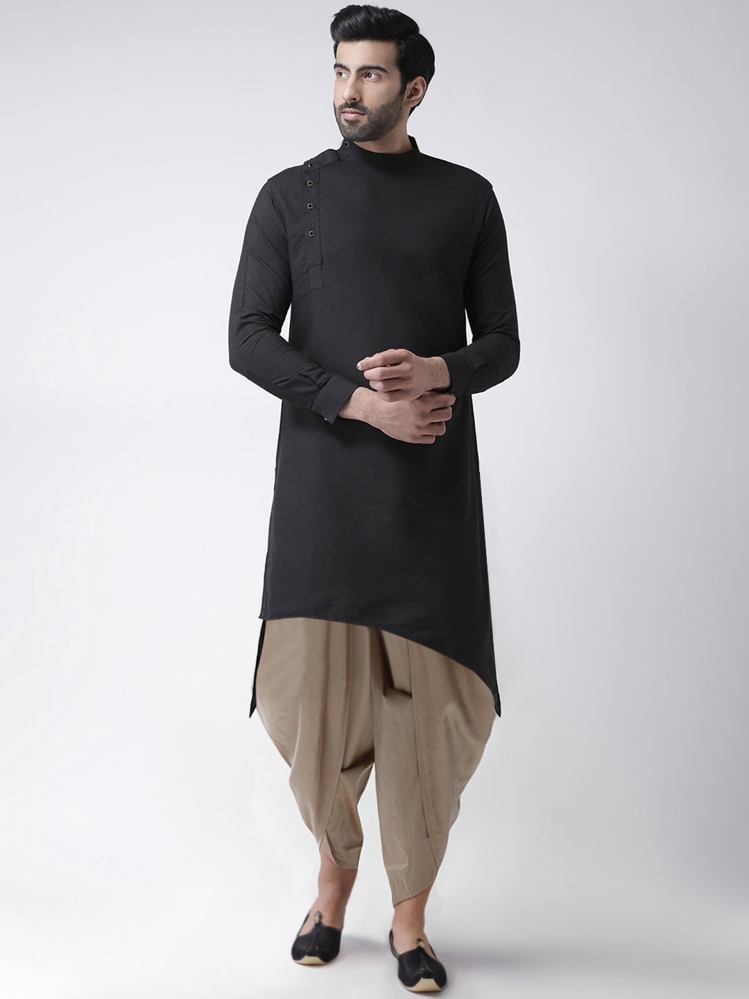 

KISAH Men Regular Fit Solid Asymmetric Kurta Dhoti Set, Black