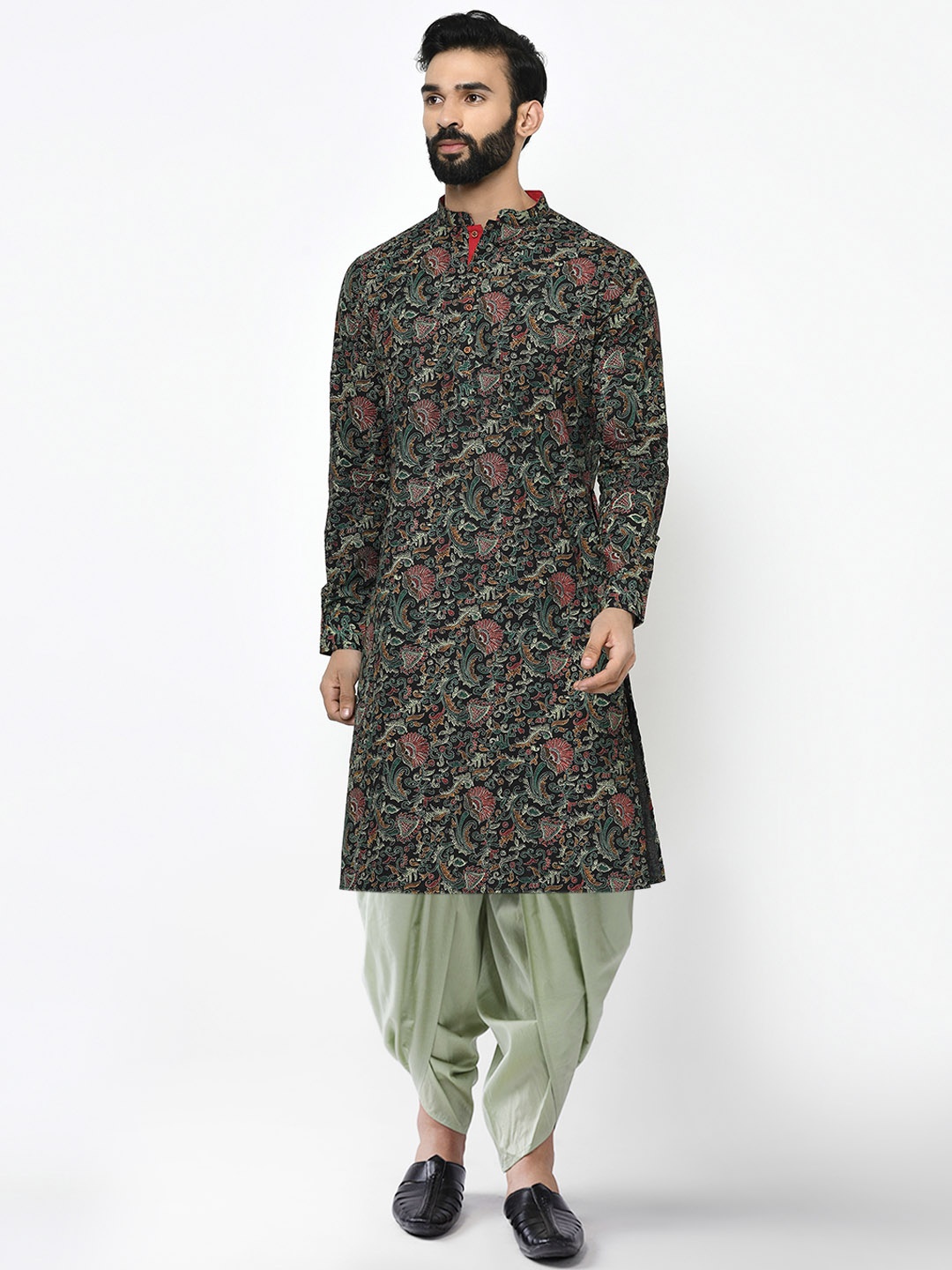

KISAH Men Black Floral Printed Kurta with Dhoti Pants