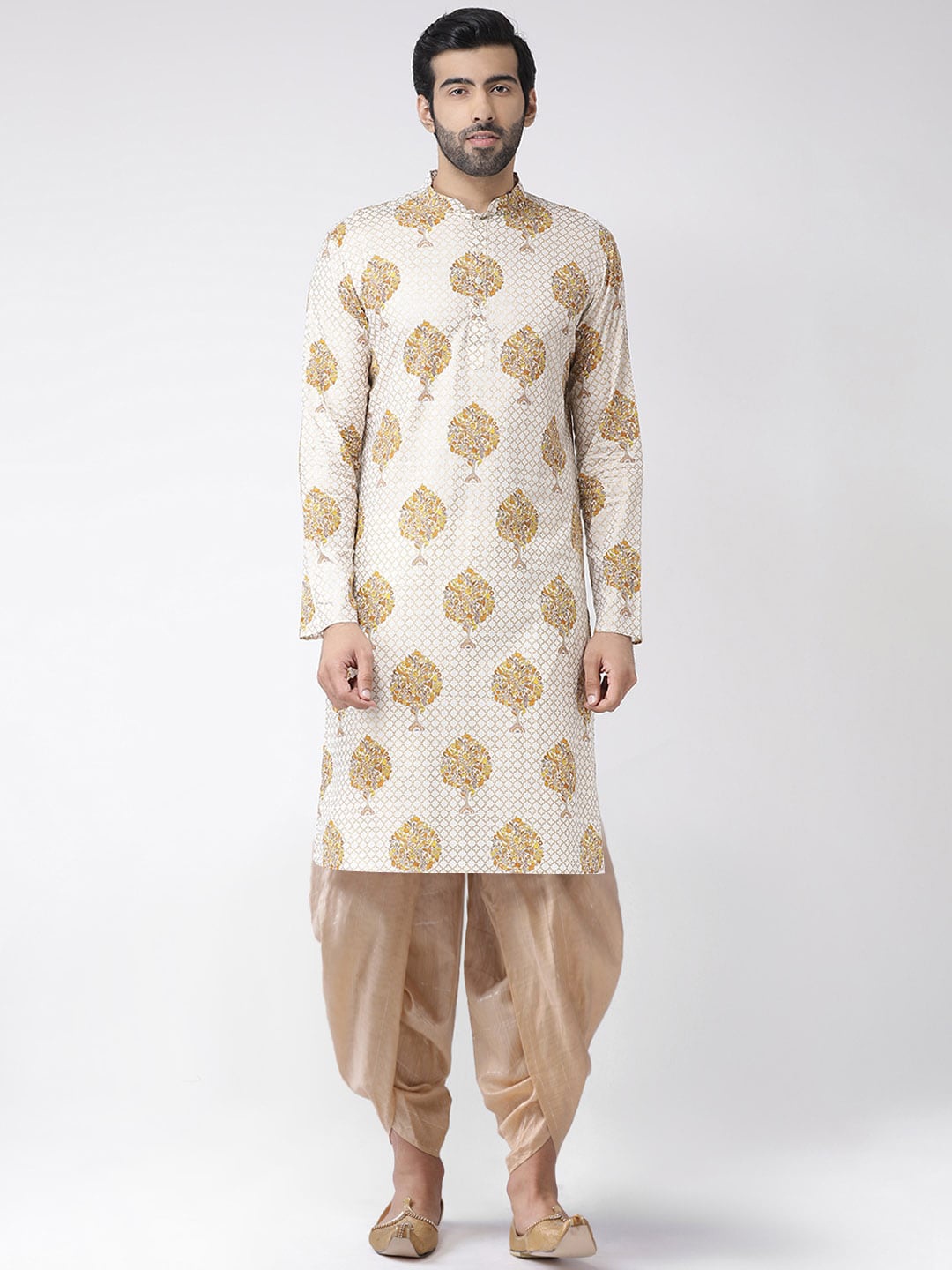 

KISAH Men White & Beige Ethnic Motifs Printed Cotton Blend Kurta with Dhoti Pants