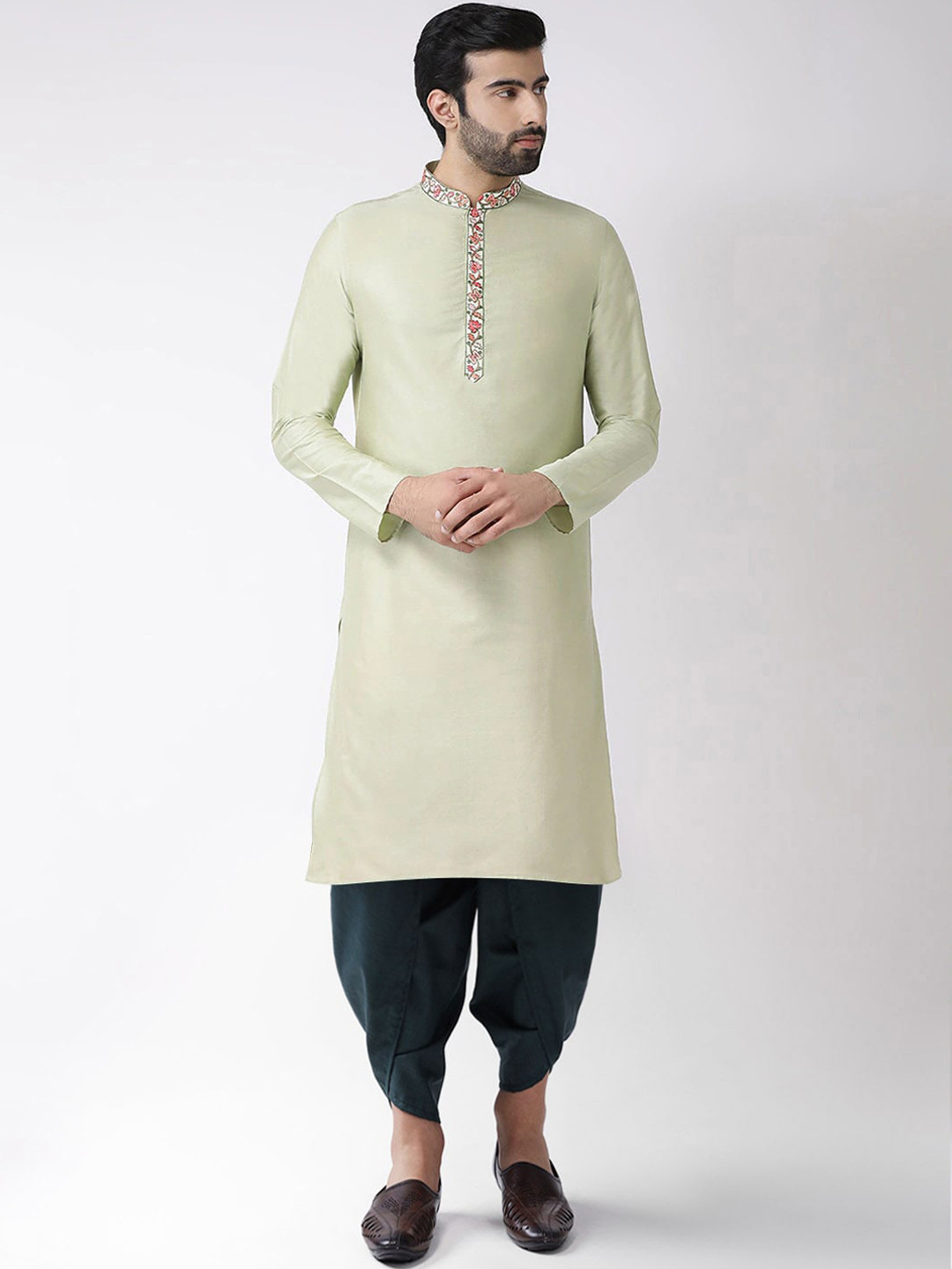 

KISAH Men Solid Regular Fit Thread Work Kurta Dhoti Set, Green