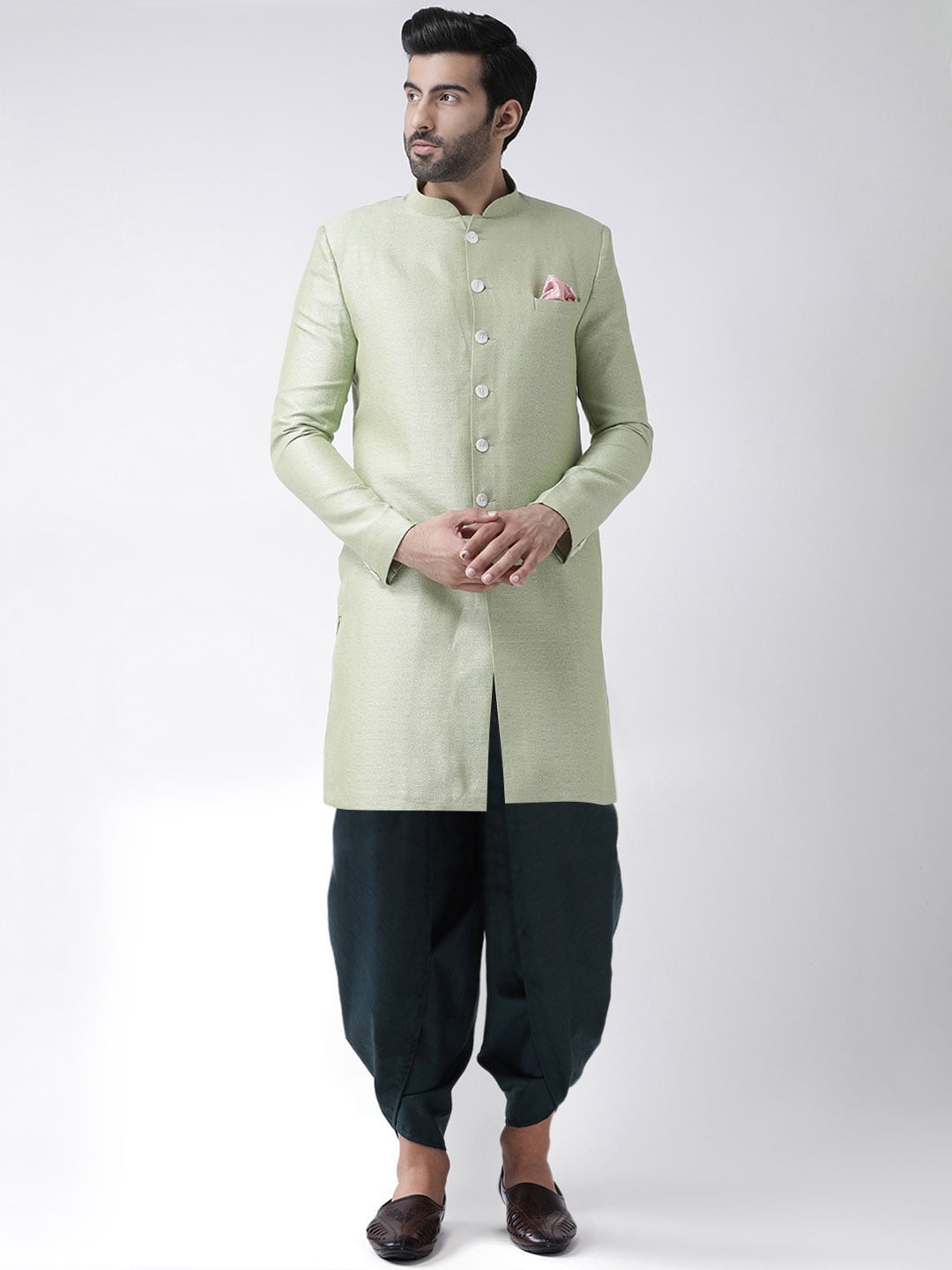 

KISAH Men Green Woven-Design Cotton Indowestern Sherwani Set