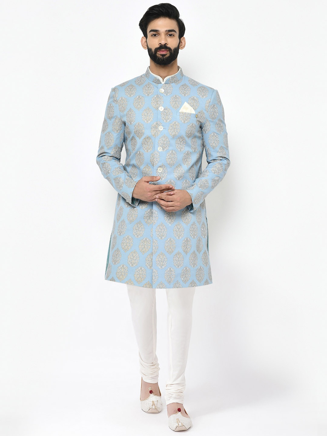 

KISAH Men Blue & White Printed Indowestern Sherwani Set