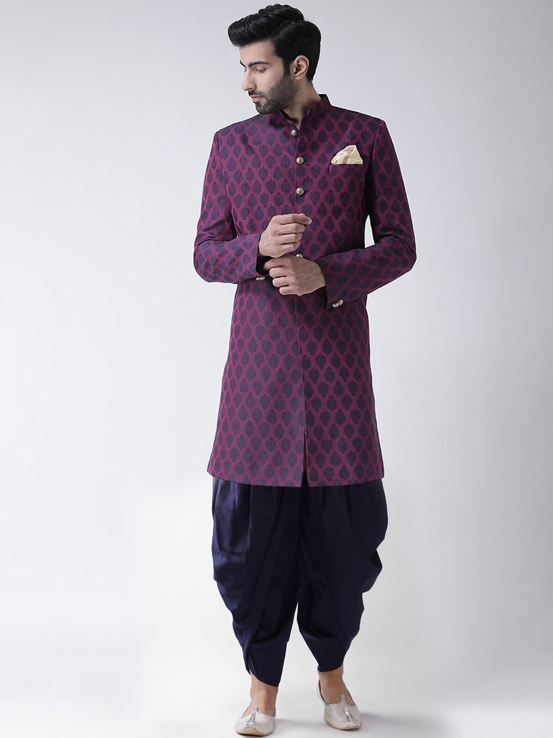 

KISAH Men Purple Printed Cotton Slim Fit Indow estern Sherwani Set