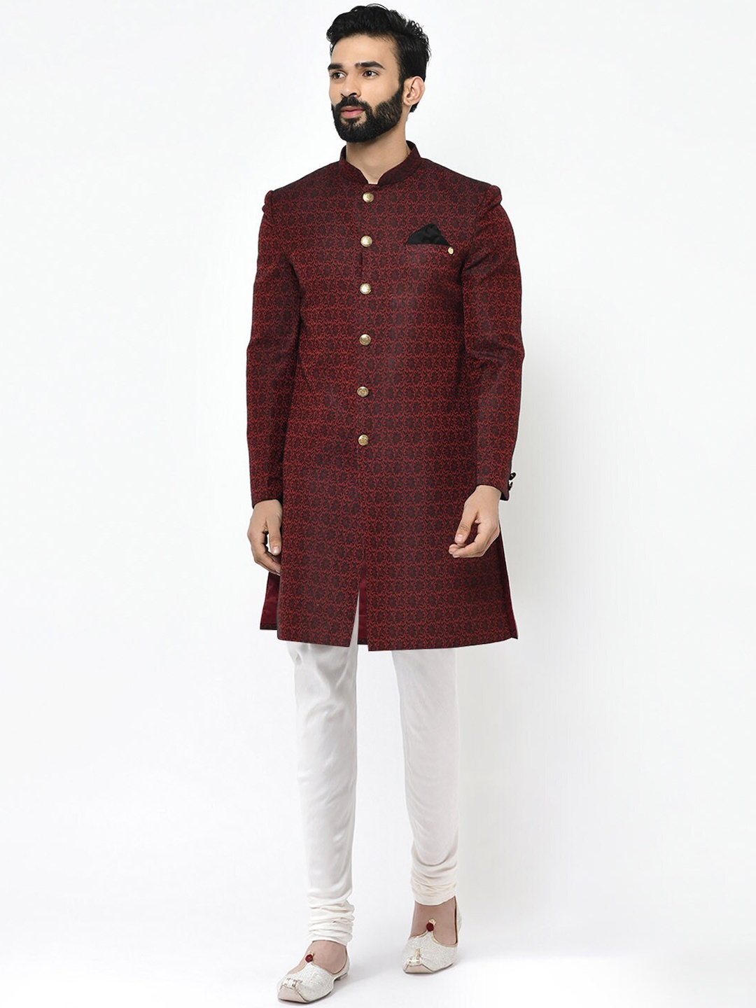

KISAH Men Floral Jacquard Cotton Indowestern Sherwani with Churidar Set, Maroon