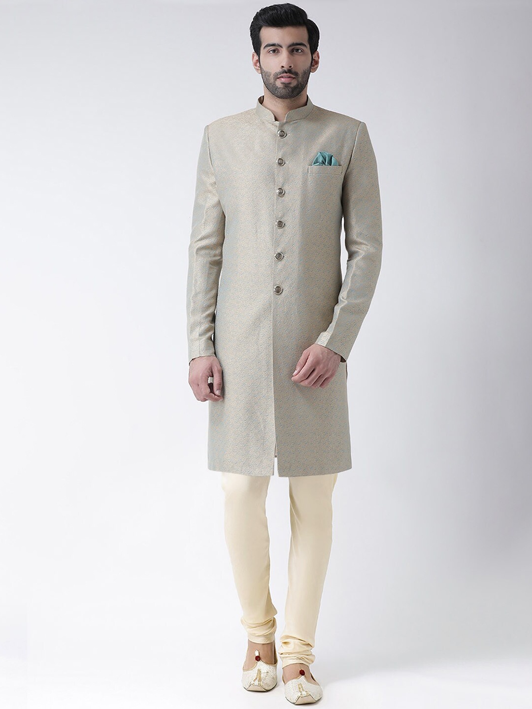 

KISAH Men Woven-Design Cotton Indowestern Sherwani Set, Green