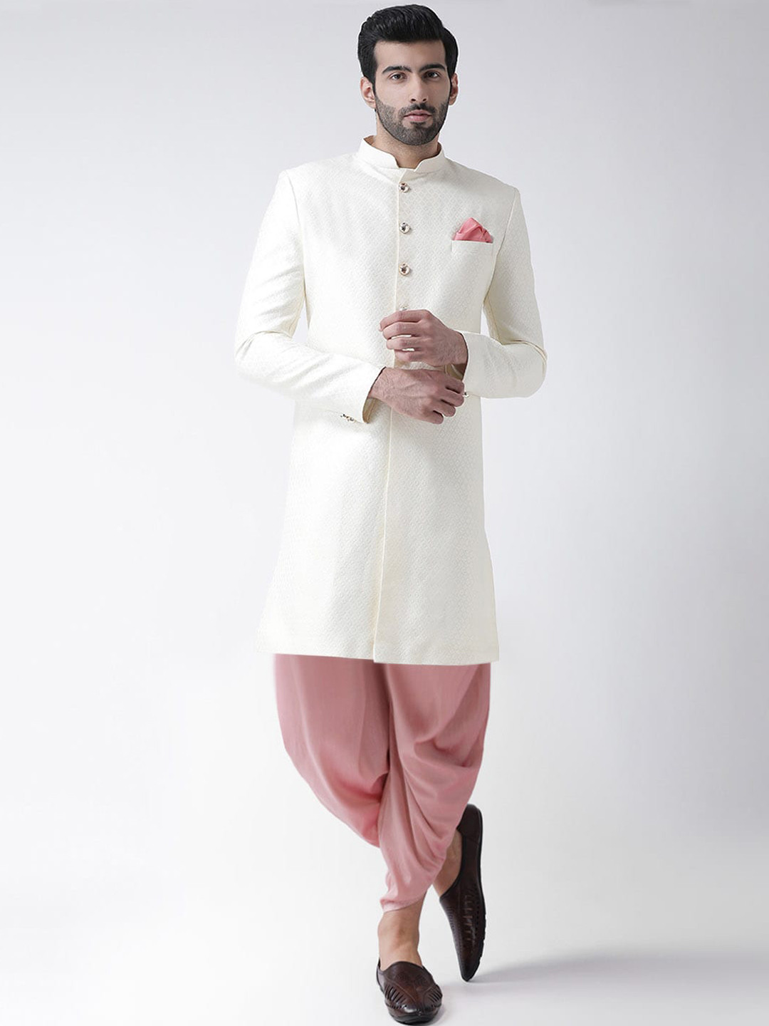 

KISAH Men White & Pink Cotton Sherwani Set