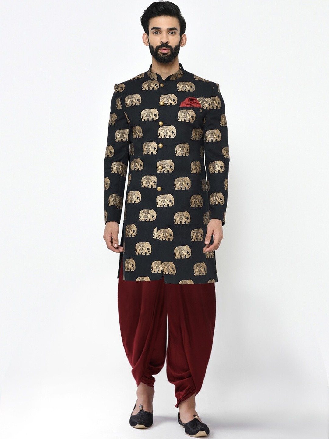 

KISAH Men Black & Maroon Woven Design Sherwani Set