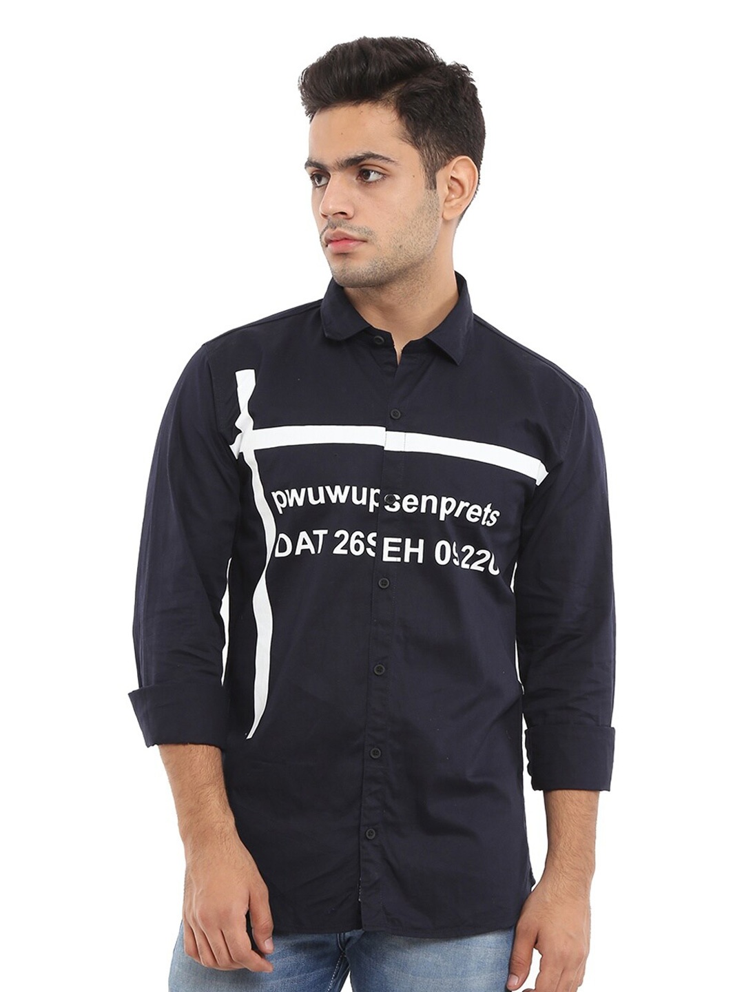 

V-Mart Men Navy Blue Standard Slim Fit Printed Casual Shirt