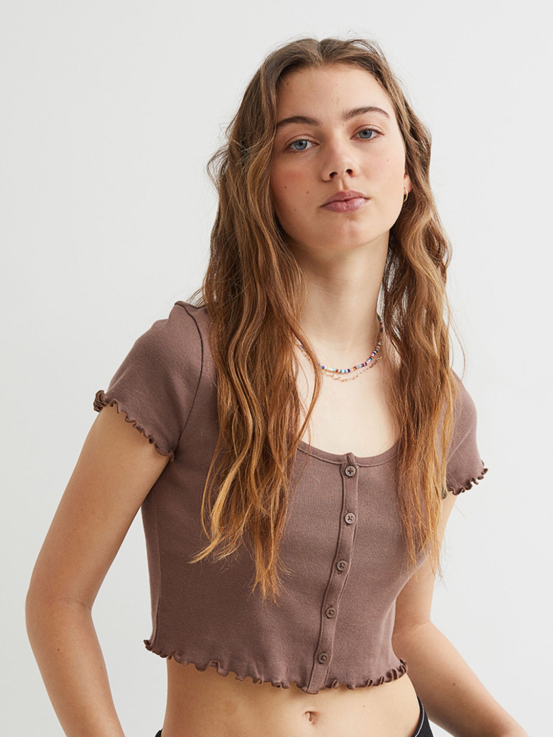 

H&M Brown Ribbed Pure Cotton Crop Top