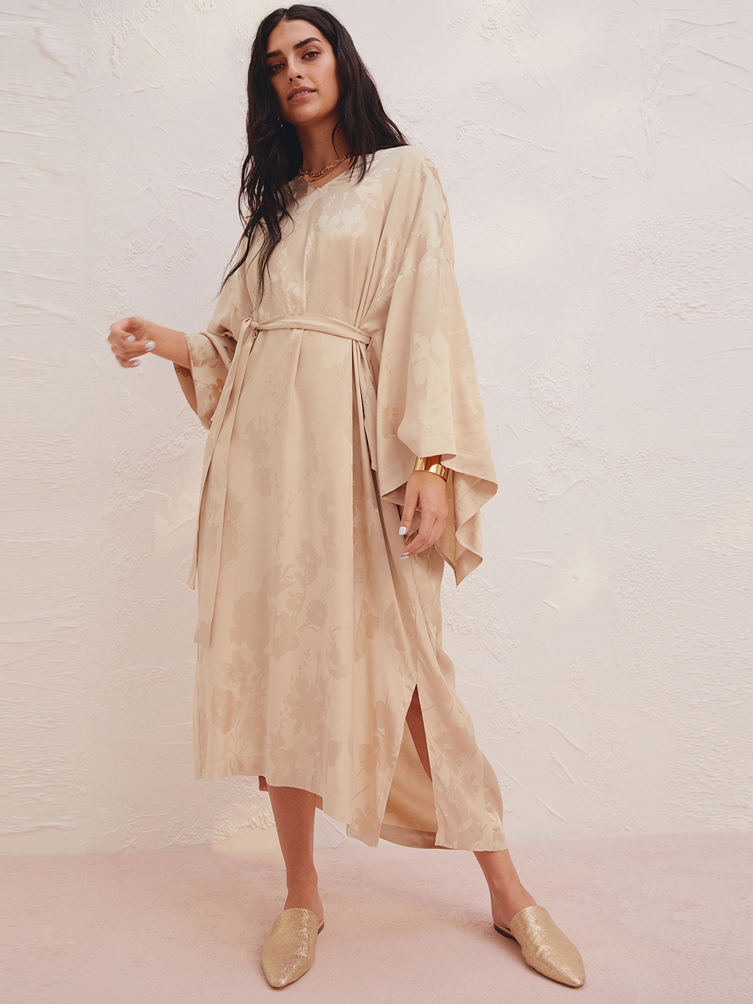 

H&M Women Beige Jacquard-Weave Kaftan