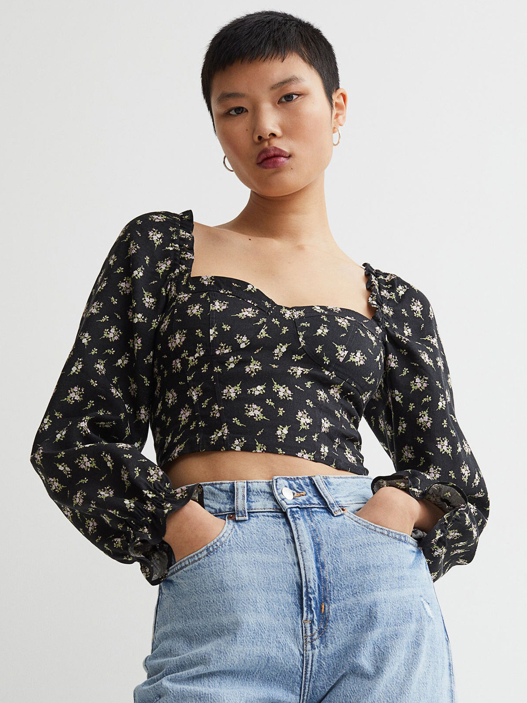 

H&M Women Grey Floral Linen-Blend Blouse