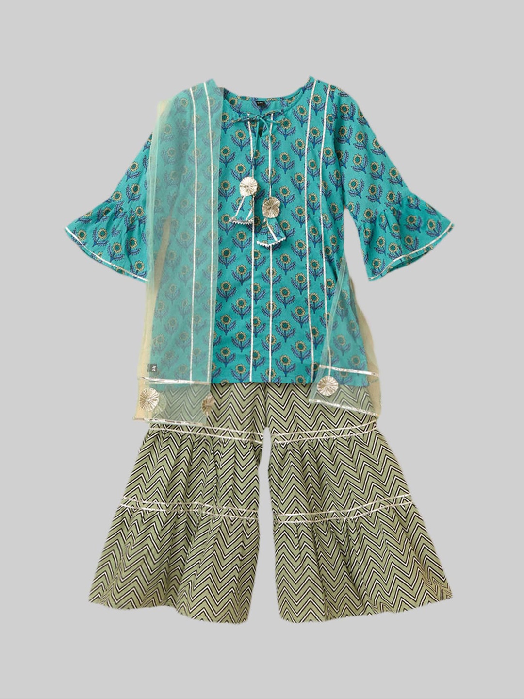 

The Magic Wand Girls Blue Pleated Gotta Patti Pure Cotton Kurti with Sharara & With Dupatta