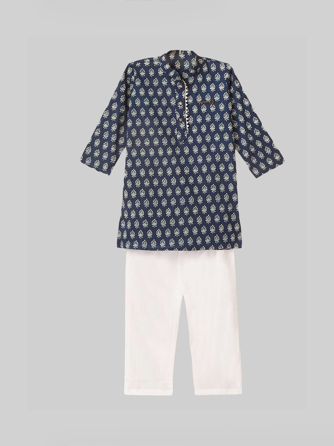 

The Magic Wand Boys Blue Embroidered Angrakha Gotta Patti Pure Cotton Kurti with Pyjamas