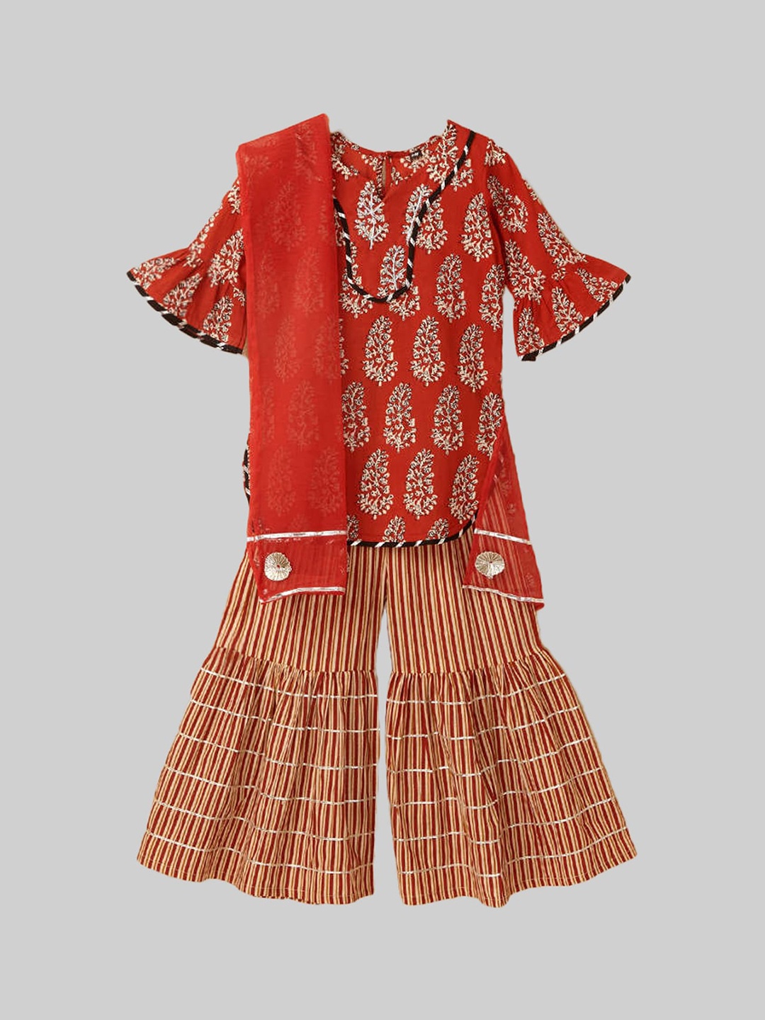 

The Magic Wand Girls Red Ethnic Motifs Embroidered Panelled Gotta Patti Pure Cotton Kurti with Sharara &