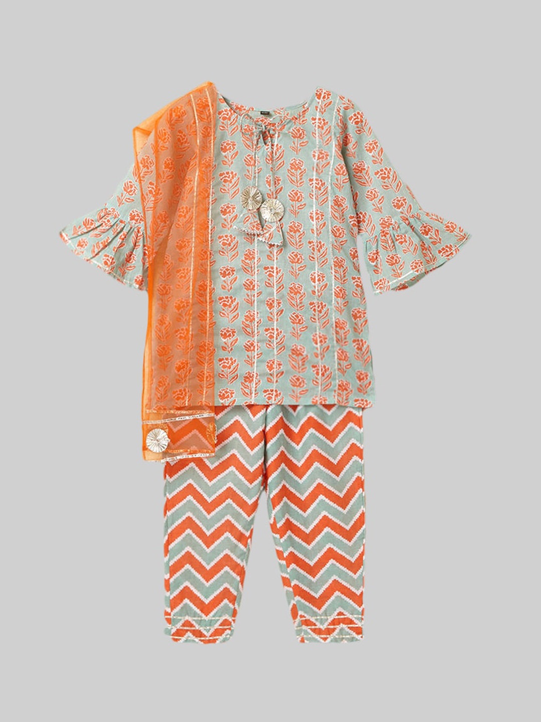 

The Magic Wand Girls Orange Striped Pleated Gotta Patti Pure Cotton Kurti with Dhoti Pants & With Dupatta