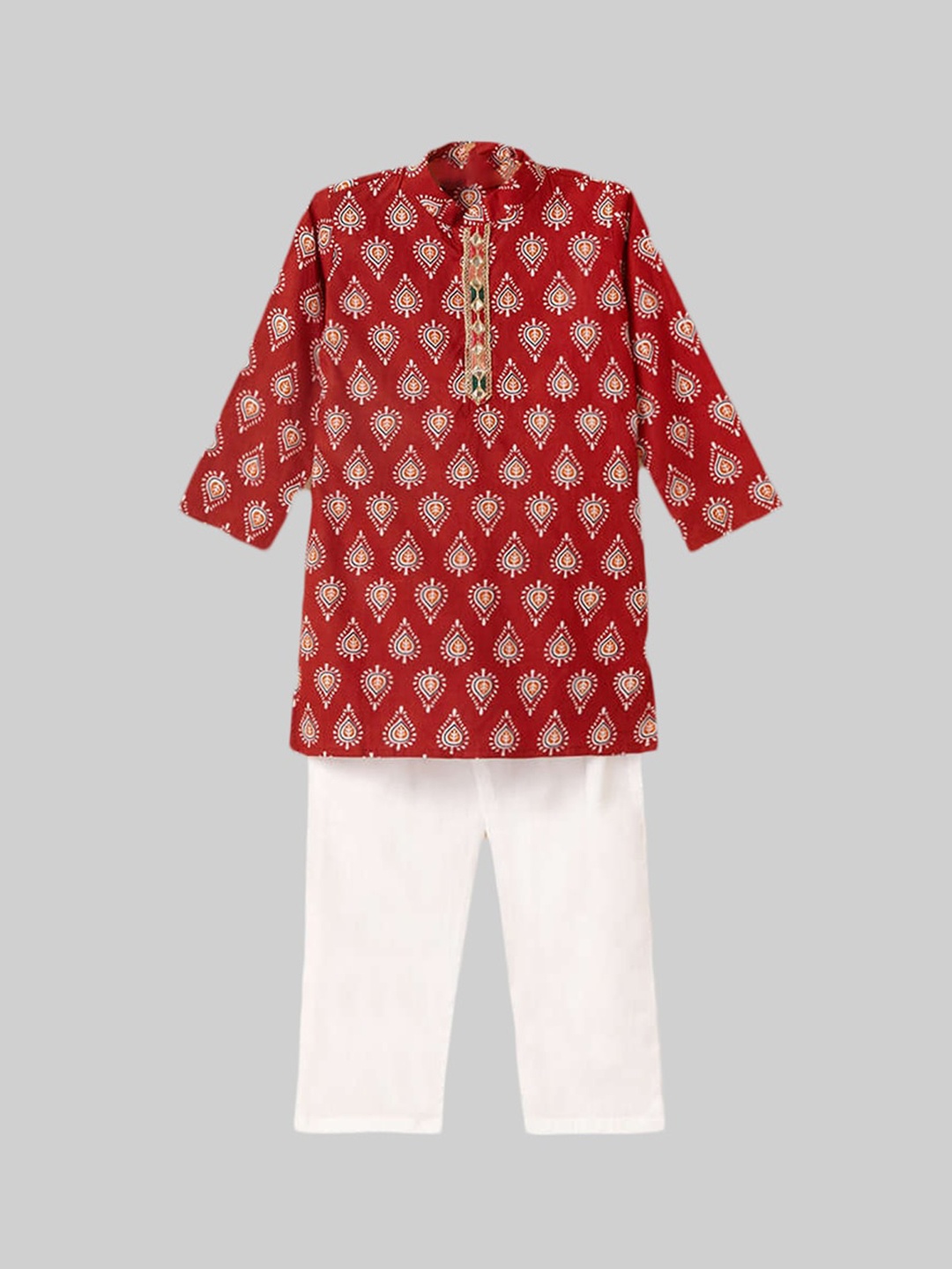 

The Magic Wand Boys Maroon Ethnic Motifs Embroidered Empire Gotta Patti Pure Cotton Kurti with Pyjamas