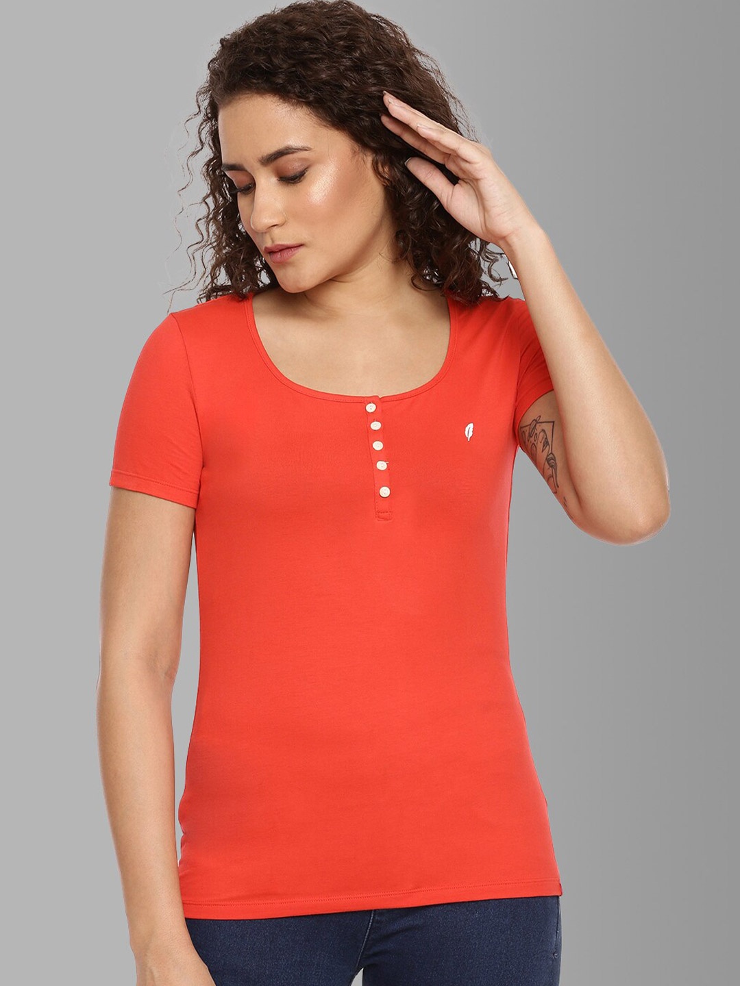 

Feather Soft Elite Women Red Henley Neck Slim Fit Running T-shirt