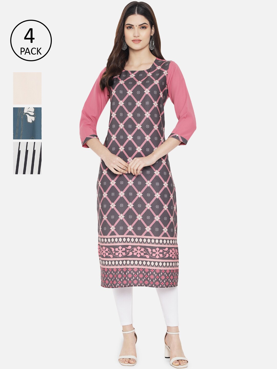 

Ethnic basket Women Pack of 4 Ethnic Motifs Printed Crepe Kurta, Pink