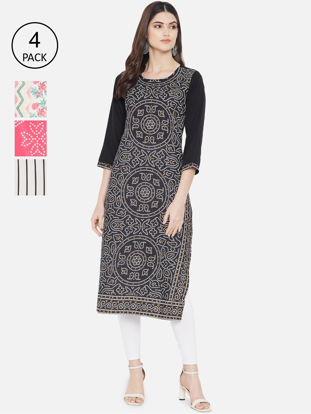 

Ethnic basket Women Pack of 4 Multicoloured Floral Printed Crepe Kurta, Multi