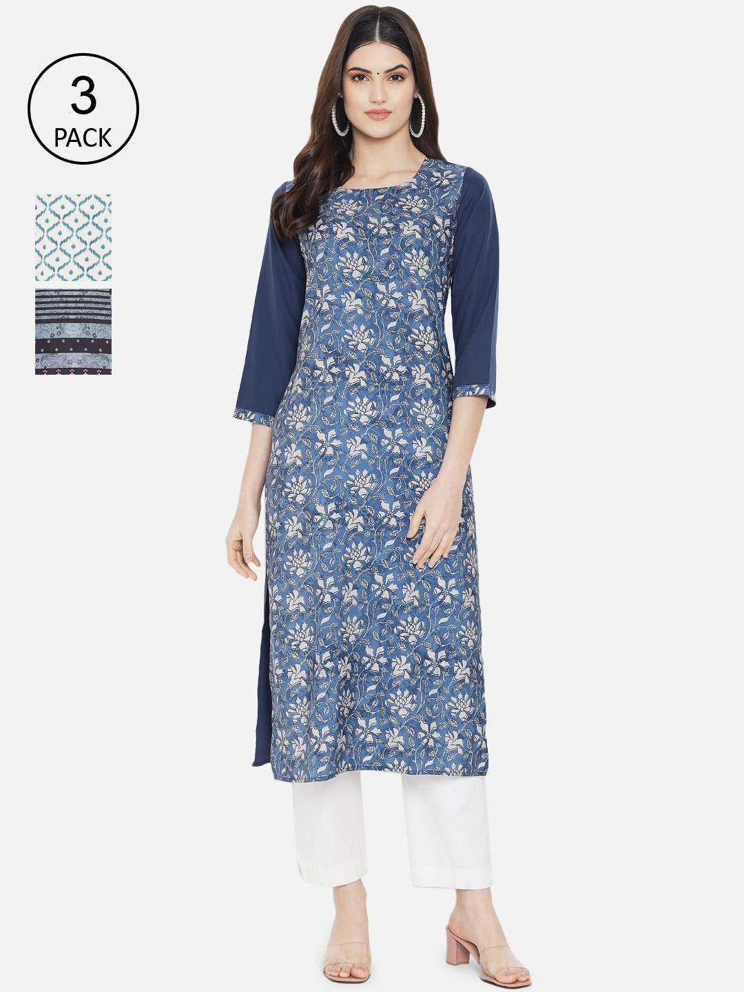 

Ethnic basket Women Blue & White Pack Of 3 Floral Printed Kurta