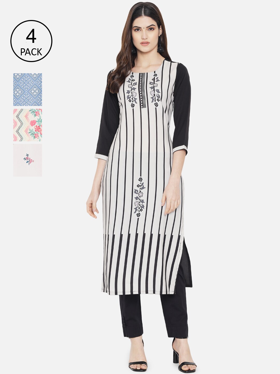 

Ethnic basket Women Pack of 4 Ethnic Motifs Printed Crepe Kurta, White
