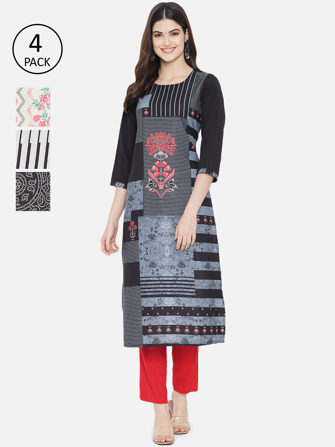 

Ethnic basket Women Multicoloured Pack Of 4 Ethnic Motifs Printed Crepe Kurta, Multi