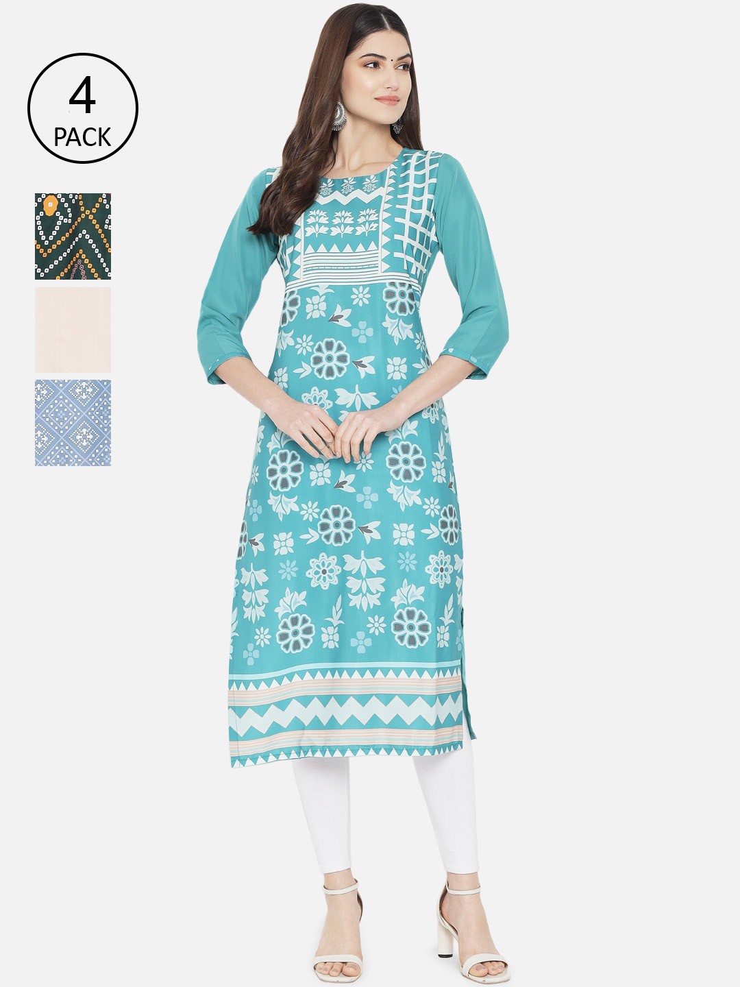 

Ethnic basket Women Pack Of 4 Ethnic Motifs Printed Crepe Kurta, Blue