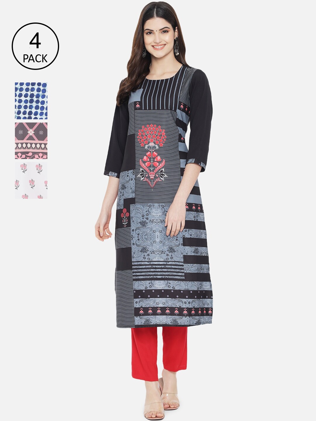 

Ethnic basket Women Pack of 4 Printed Crepe Kurta, Black