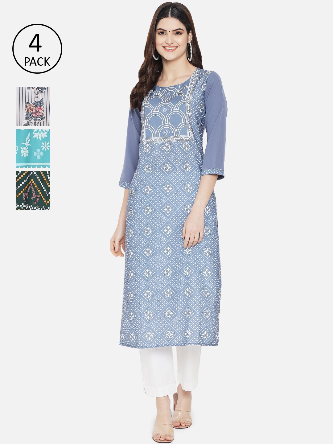 

Ethnic basket Women Multicoloured Pack Of 4 Ethnic Motifs Printed Crepe Kurta, Multi