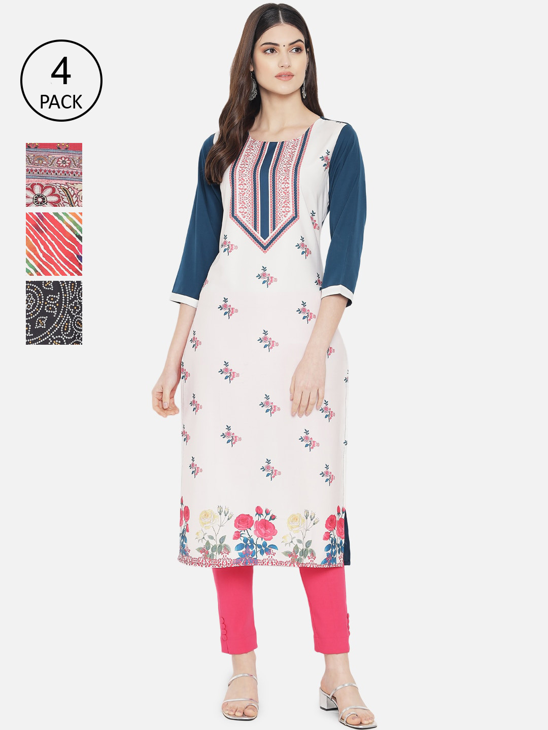 

Ethnic basket Women Pack Of 4 Multi Printed Mirror Work Crepe Kurta