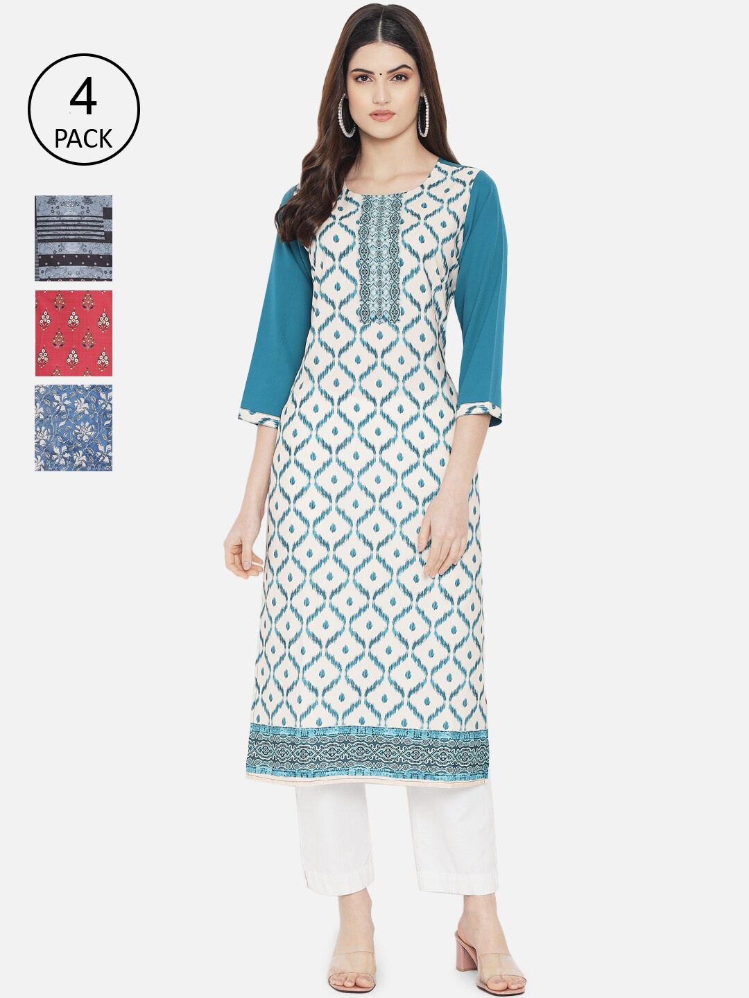 

Ethnic basket Women Pack of 4 Ethnic Motifs Printed Crepe Kurta, Blue