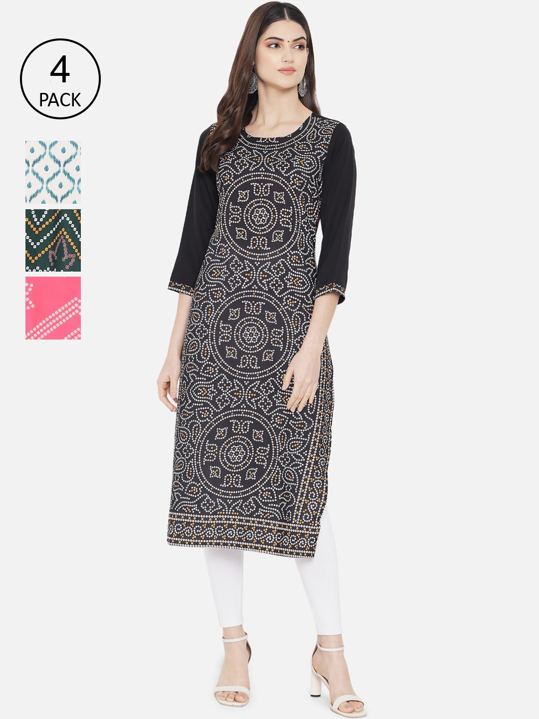 

Ethnic basket Women Black & Pink Ethnic Motifs Printed Crepe Kurta Set Of 4