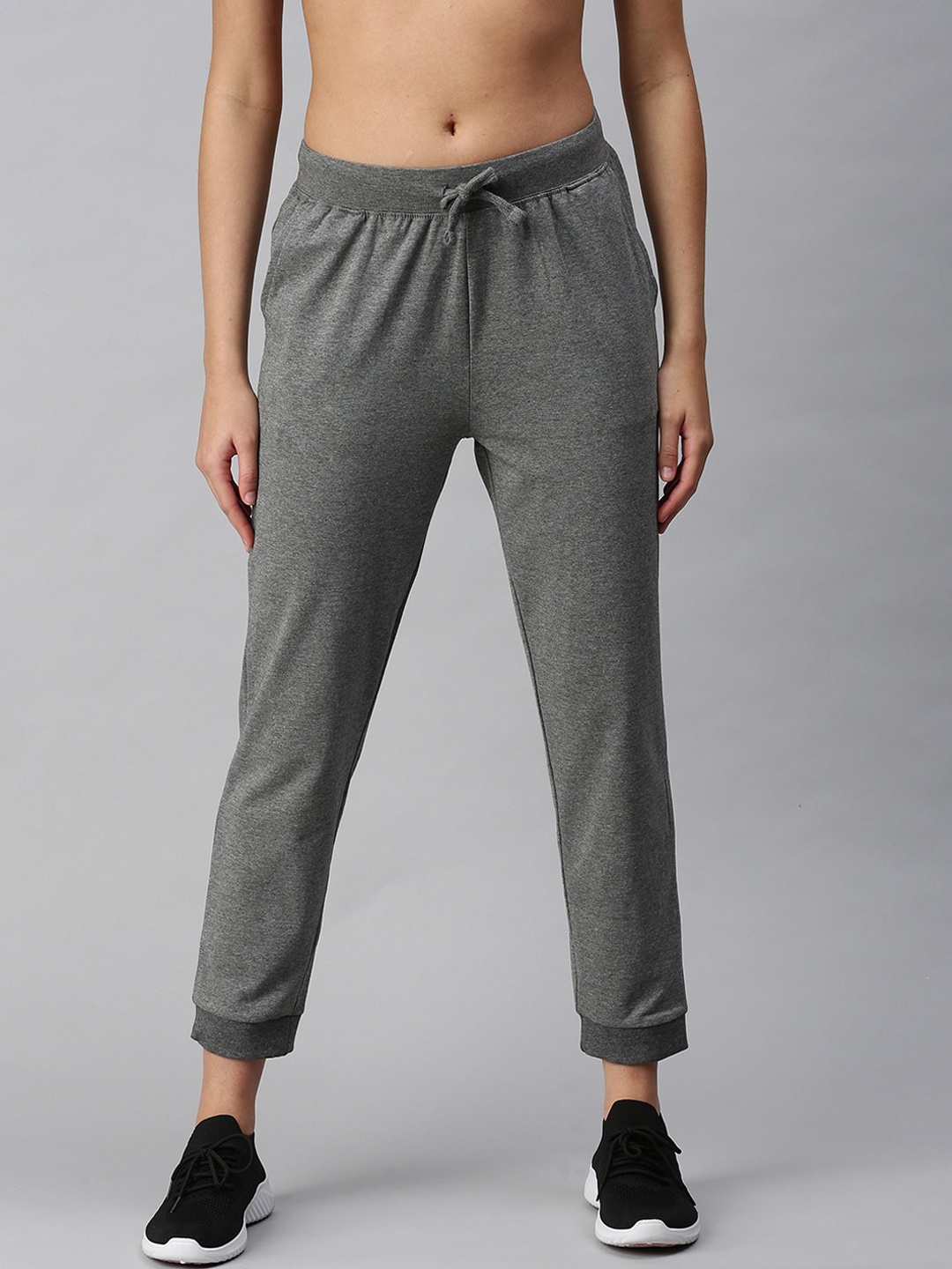 

De Moza Women Charcoal Cotton Solid Low Waist Track Pants, Grey melange