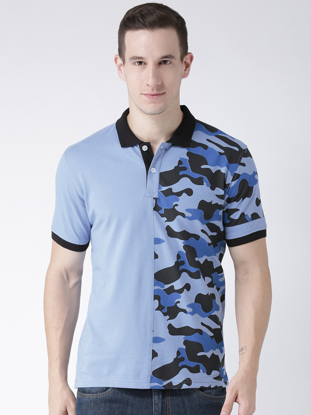 

Club York Men Blue Camouflage Printed Polo Collar T-shirt