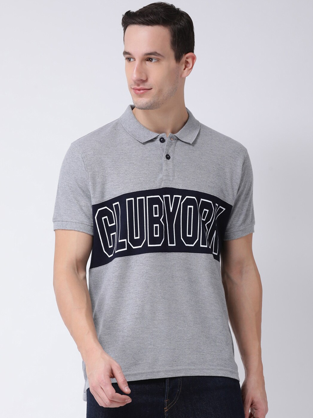 

Club York Men Grey Typography Printed Polo Collar T-shirt