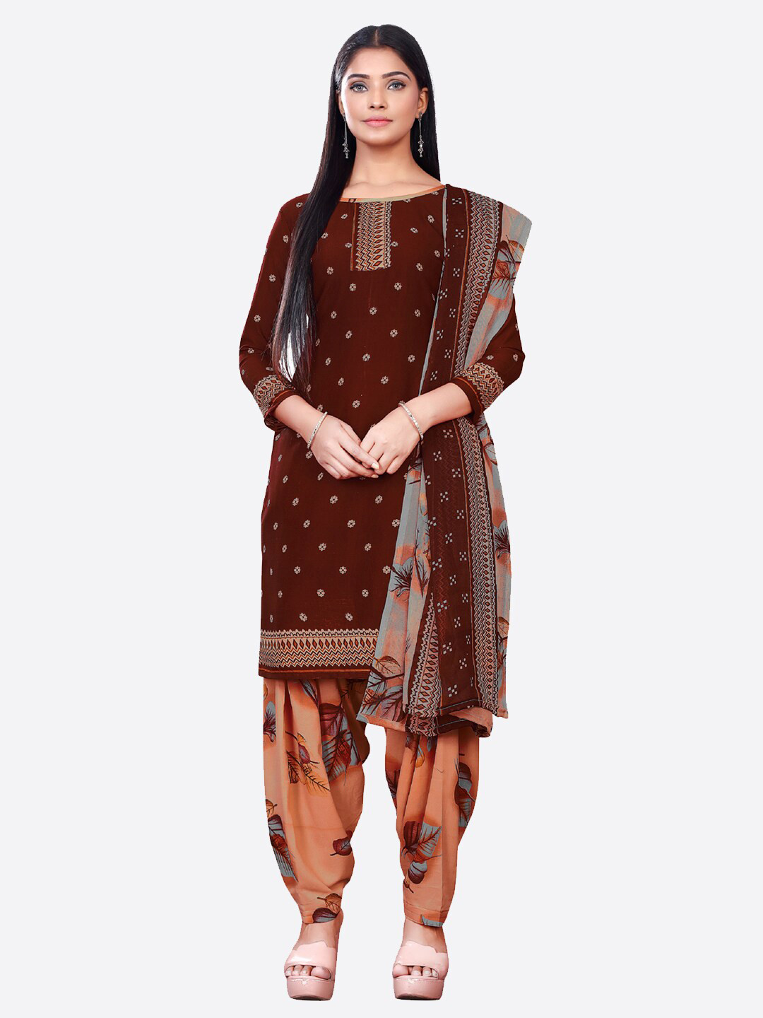 

SALWAR STUDIO Brown & Peach-Coloured Printed Unstitched Dress Material