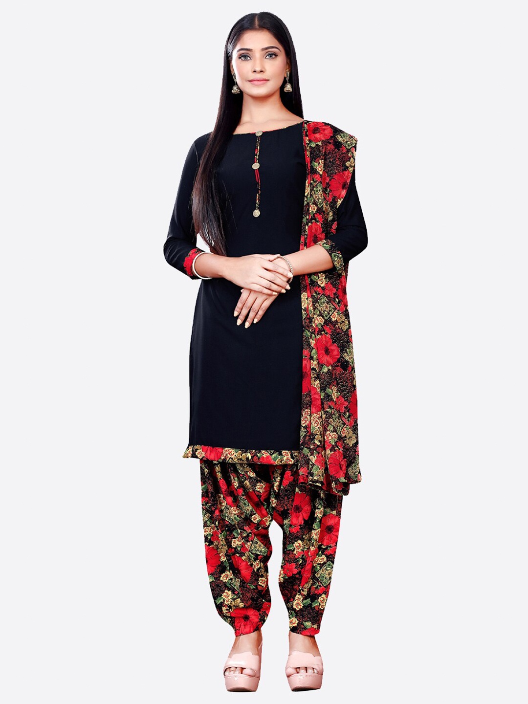 

SALWAR STUDIO Black & Red Unstitched Dress Material