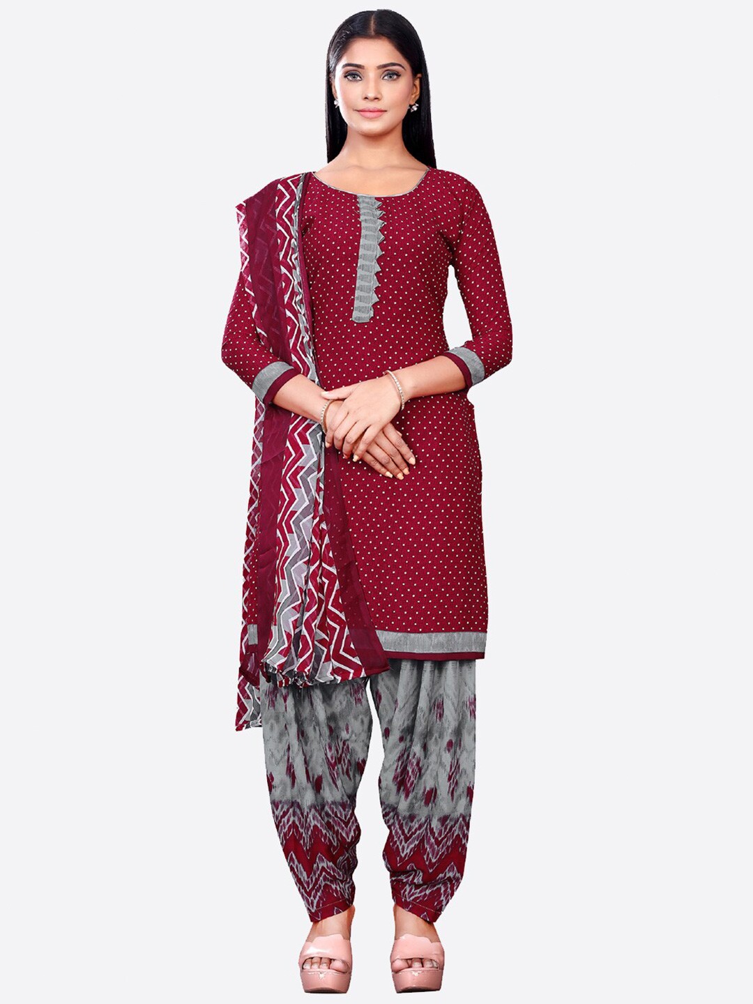 

SALWAR STUDIO Maroon & Grey Printed Unstitched Dress Material