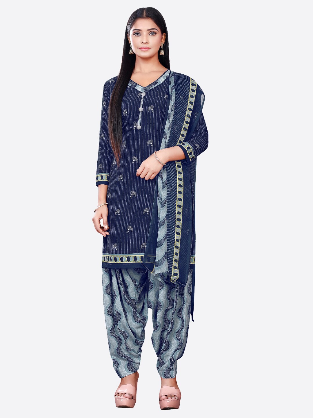 

SALWAR STUDIO Women Blue & Grey Printed Unstitched Dress Material