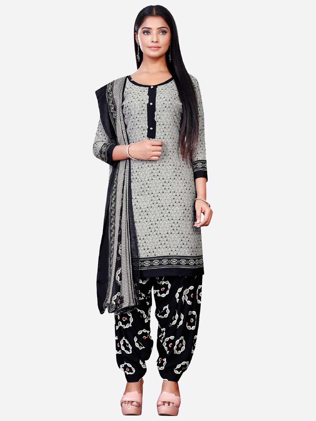 

SALWAR STUDIO Grey & Black Printed Unstitched Dress Material
